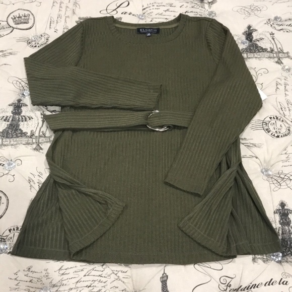 Eloquii Dark Olive Belted Rib Knit Crew Neck Shirt - Picture 3 of 7